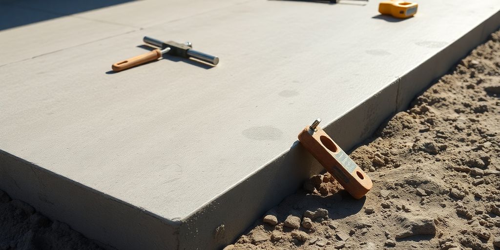 Freshly poured concrete slab with construction tools nearby.
