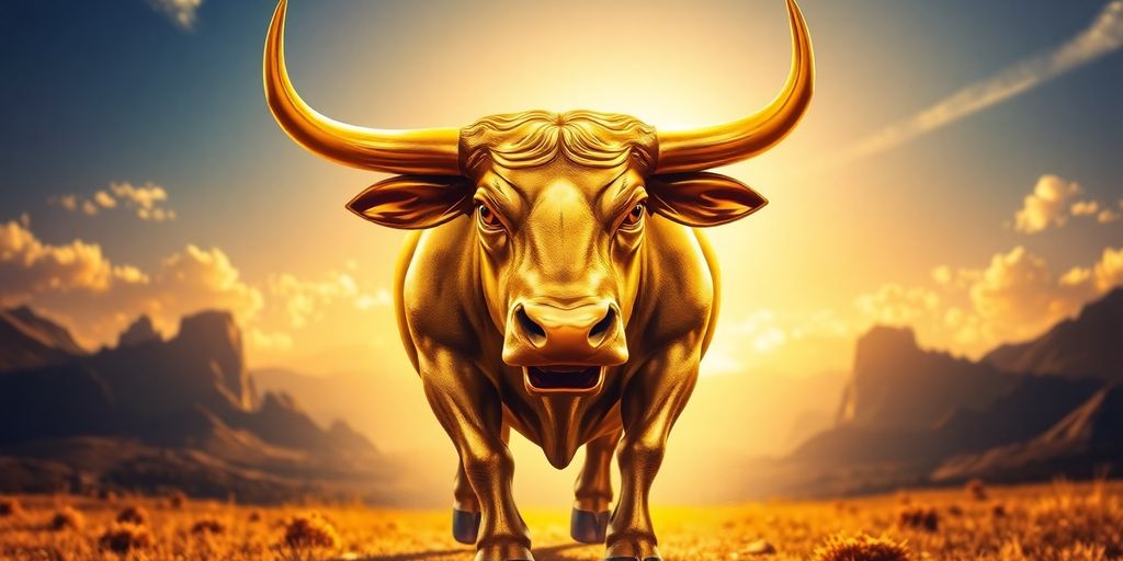 Bitcoin bull charges past a mountain of gold coins.