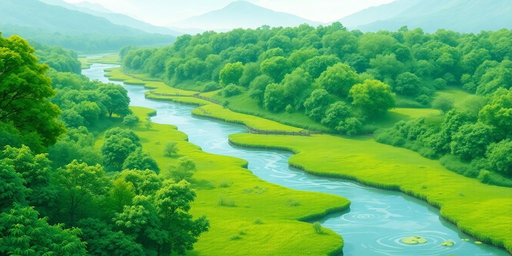 Green landscape with flowing river, illustrative.