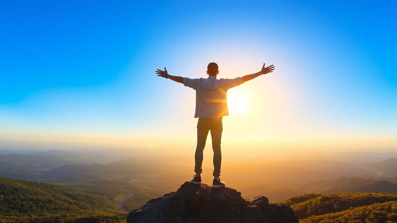 Personne au sommet d'une montagne au lever du soleil