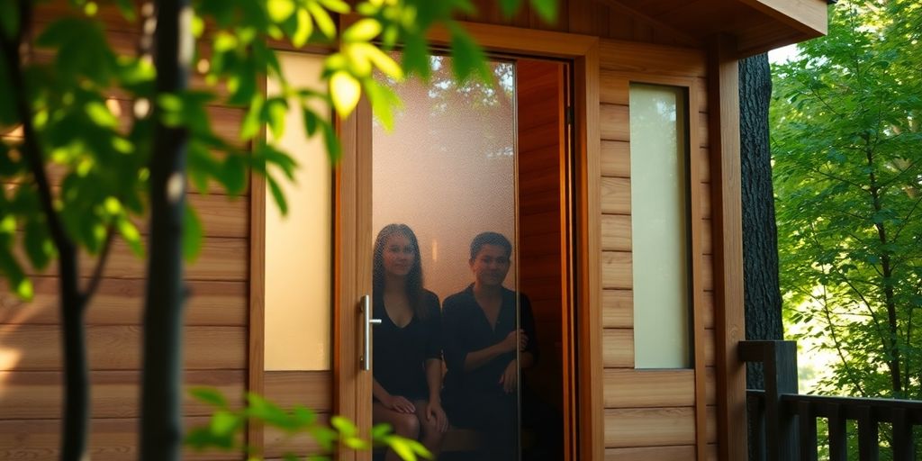 Two people relaxing in an outdoor sauna.