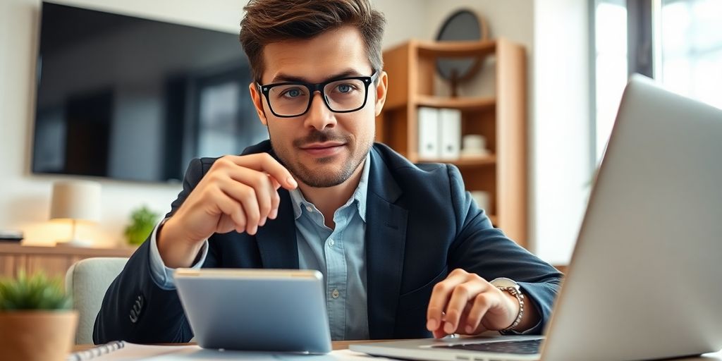 Investor calculating returns with a calculator in a modern office.