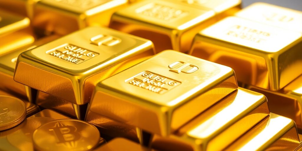 Lingots d'or empilés avec des pièces d'or brillantes.
