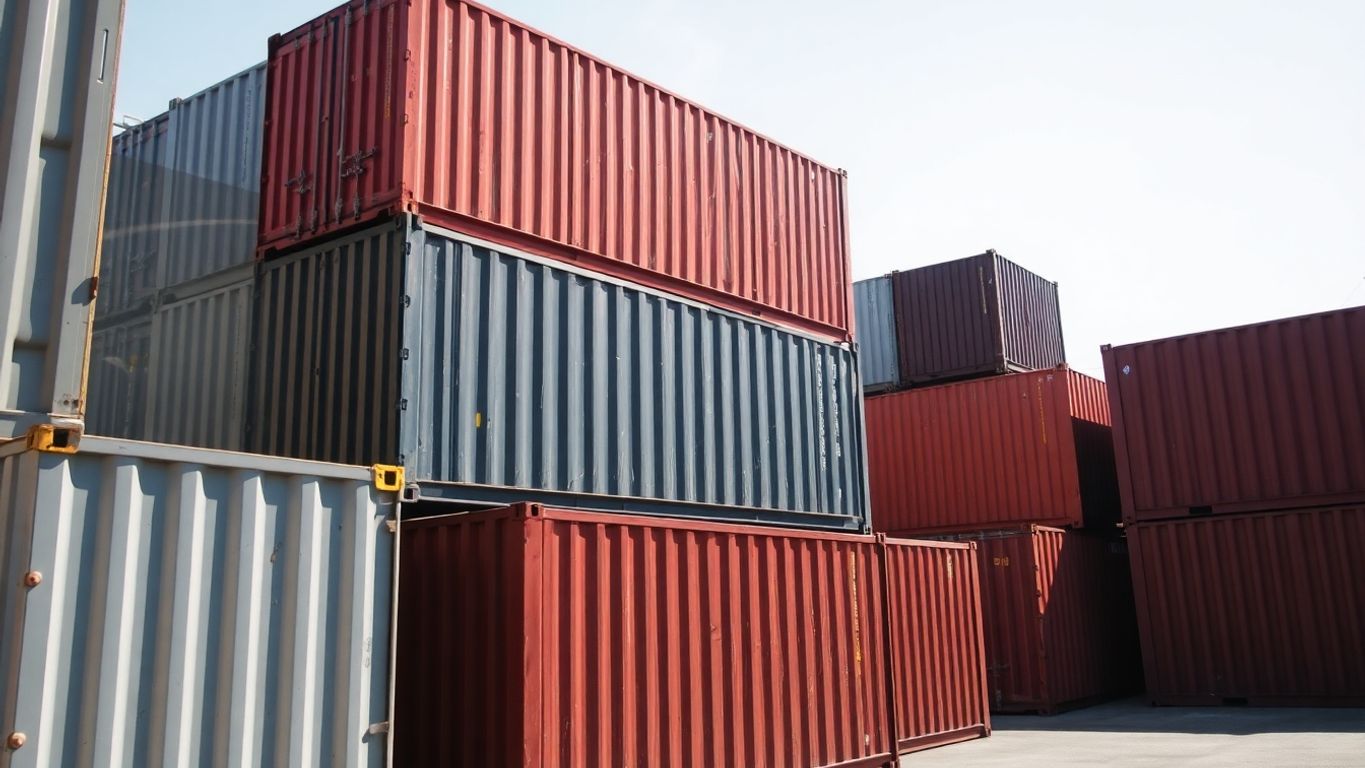 Standard and high cube shipping containers stacked.