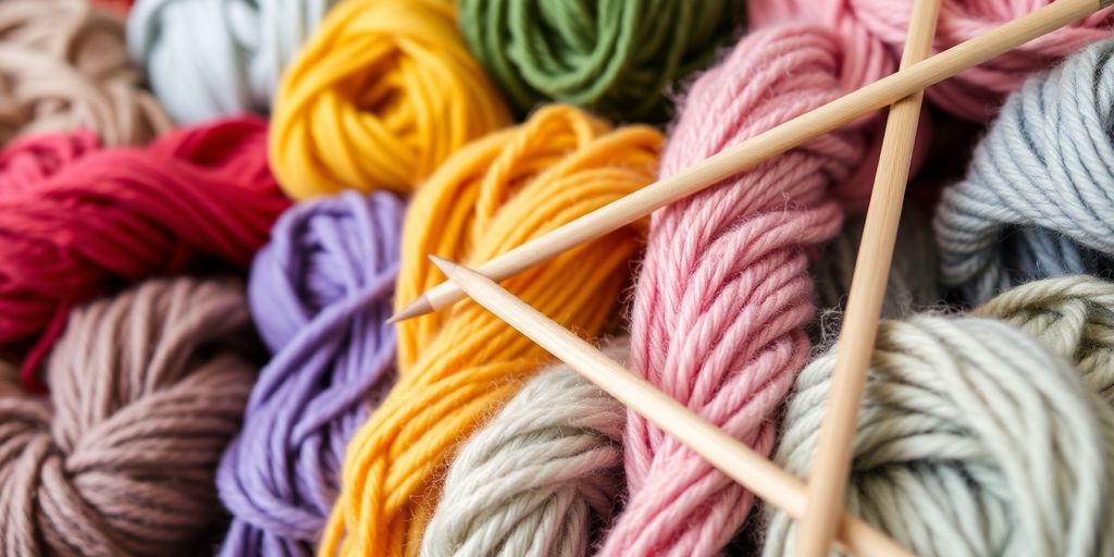 Colorful yarn skeins and knitting needles displayed.