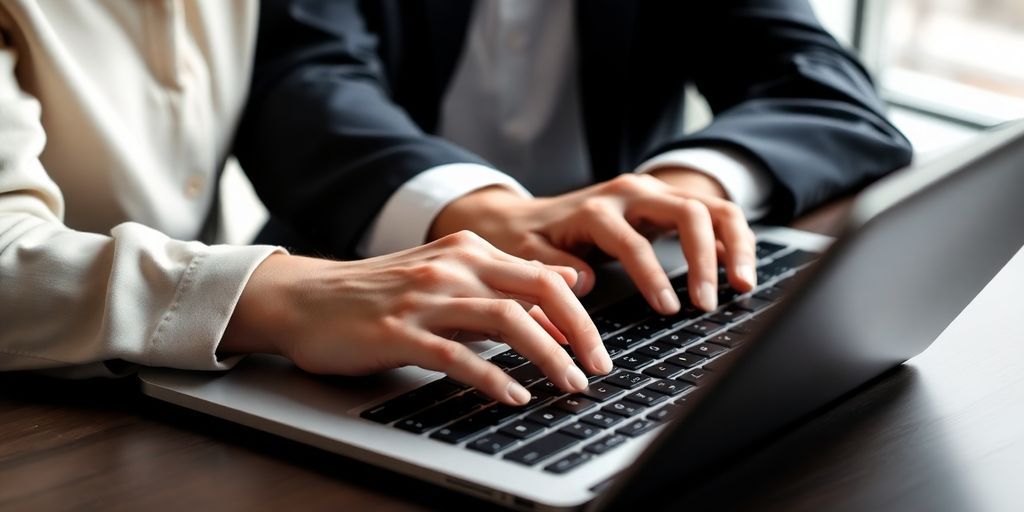 Pessoa digitando em um computador portátil moderno.