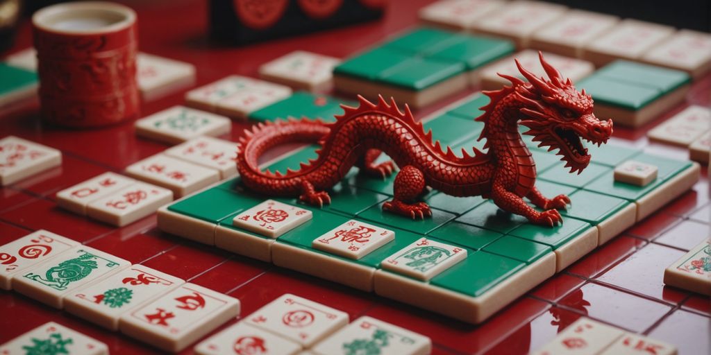 Red Dragon tile surrounded by Mahjong set pieces.