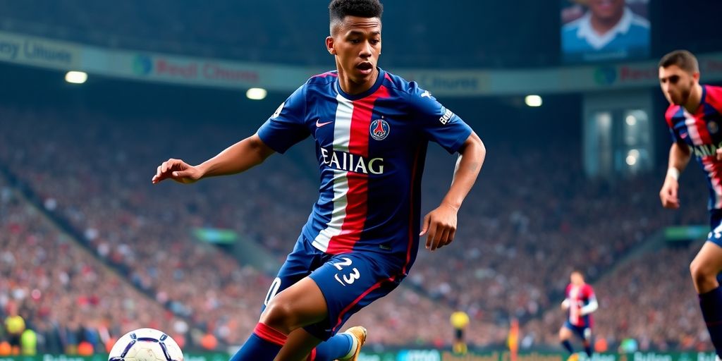 Kylian Mbappe dribbling the ball in a soccer match.