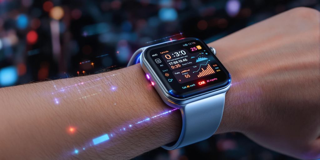 A futuristic AI wearable on a wrist with glowing data.