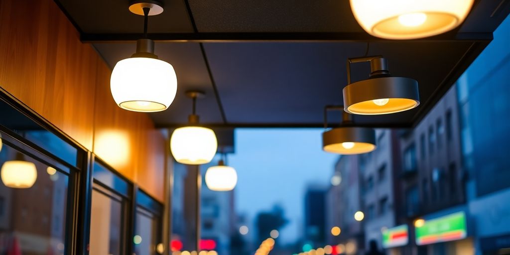 Glowing three-dimensional light fixtures above sleek storefront at urban dusk.