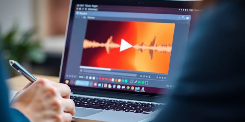 Person using laptop to transcribe video content.
