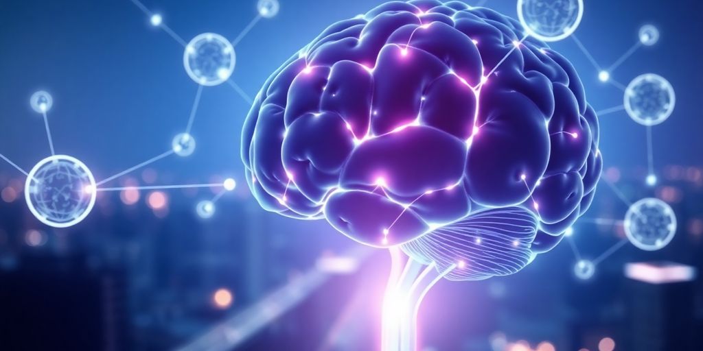 AI brain connecting digital spheres, futuristic city