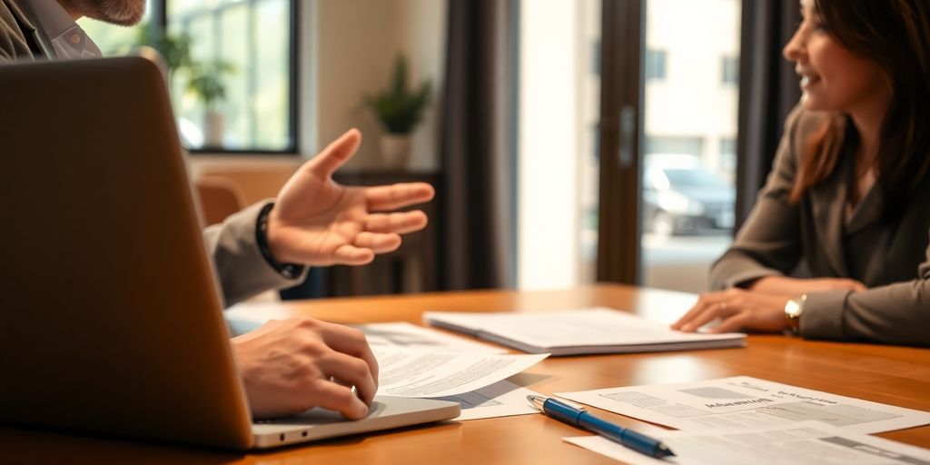Person consulting with a vehicle insurance broker in office.
