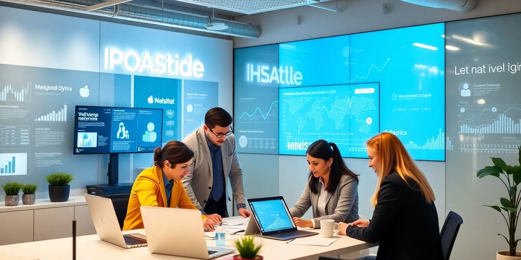 Profissionais de marketing digital em escritório moderno.