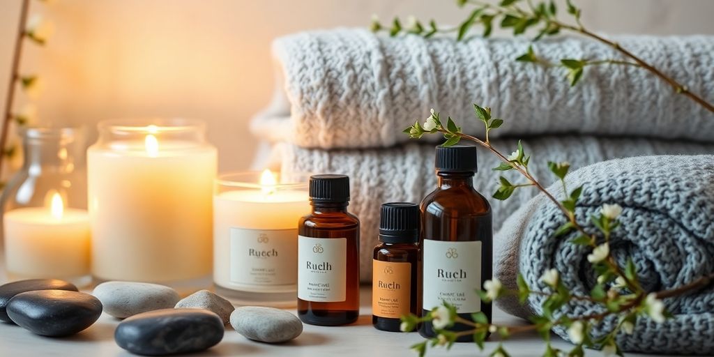 Calming spa items and natural wellness products arranged attractively.