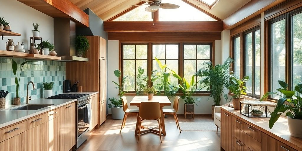 Modern kitchen with eco-friendly materials and natural lighting.