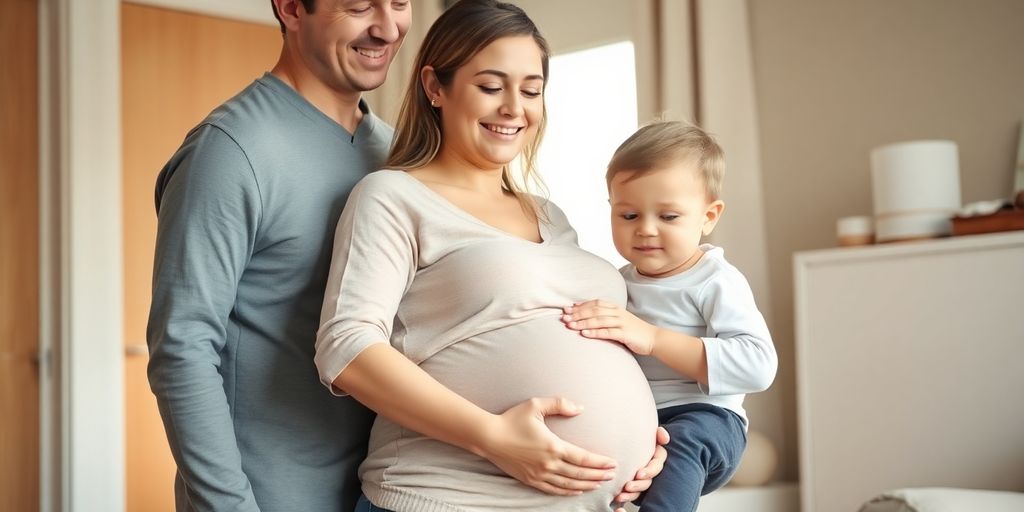 Gestante sorridente com bebê e família feliz