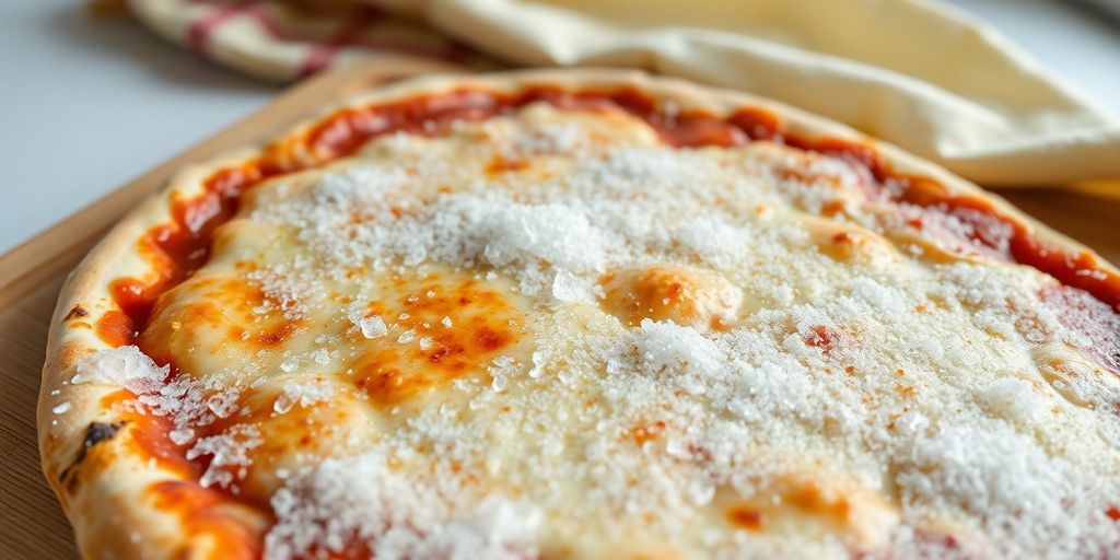 Frozen pizza with ice crystals and discoloration on top.
