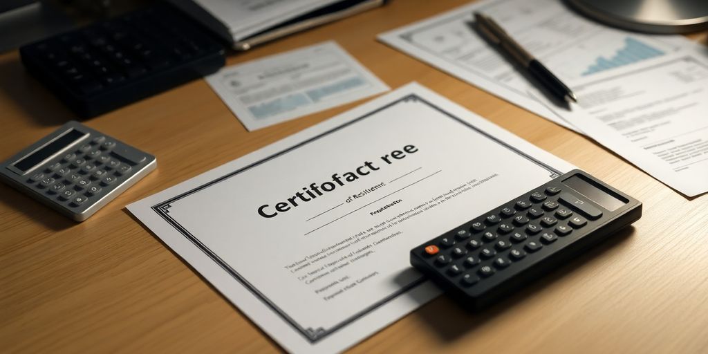 Office desk with Certificate of Residence and financial documents.