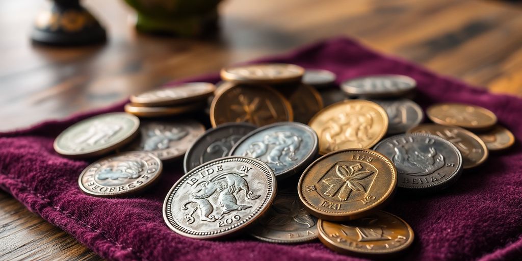 Close-up of rare coins on velvet cloth.