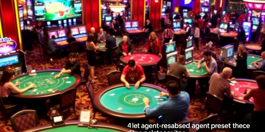 ผู้เล่นสนุกสนานในคาสิโนที่มีโต๊ะเกมหลากหลาย