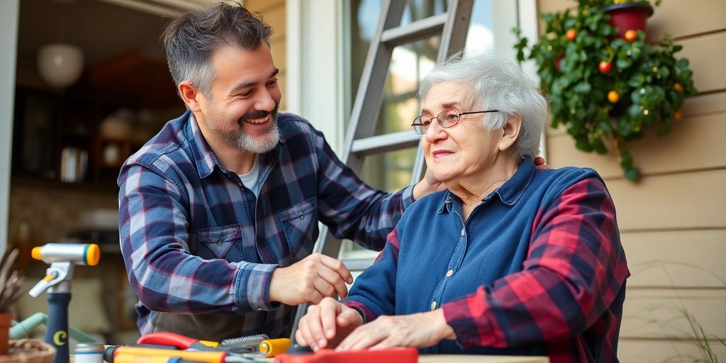 Handyman helping senior with home repairs.