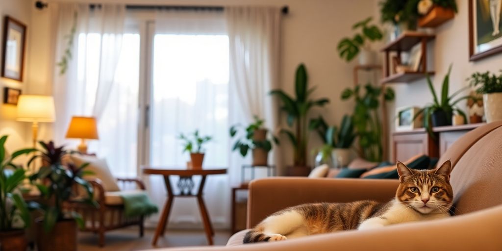 Cozy living room with a cat lounging comfortably.