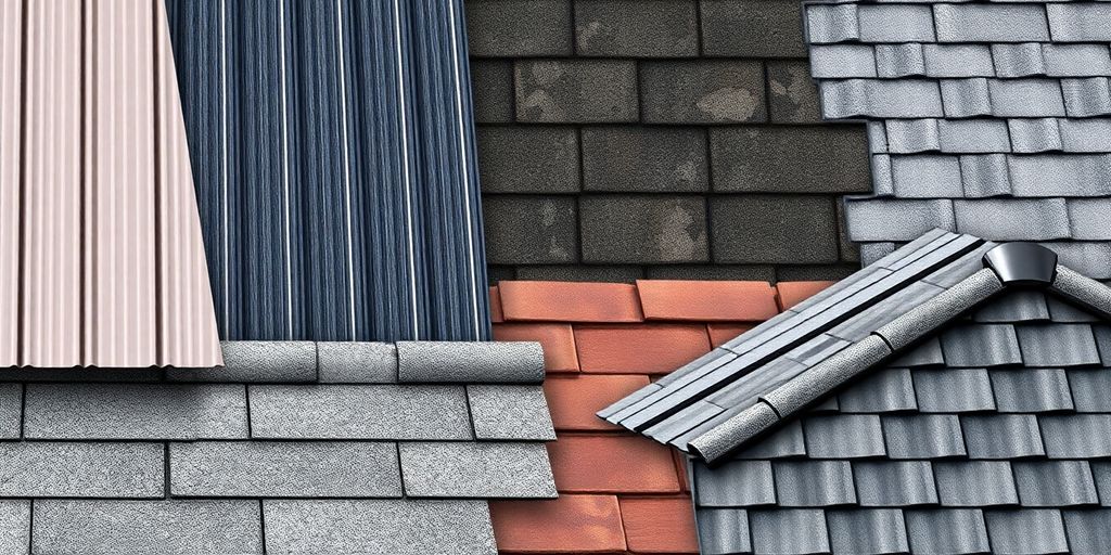 Modern roofing materials including metal and textured shingles.