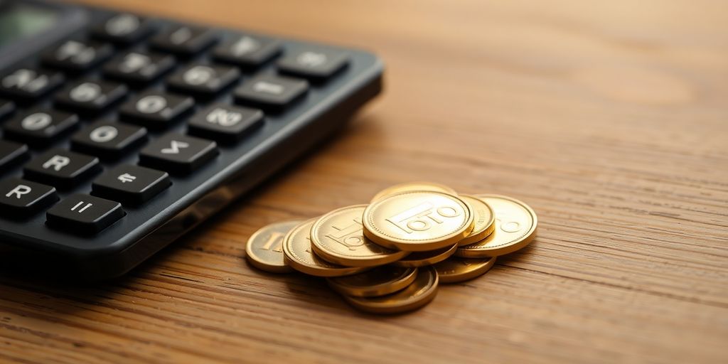 Pile de pièces d’or brillantes posée à côté d’une calculatrice