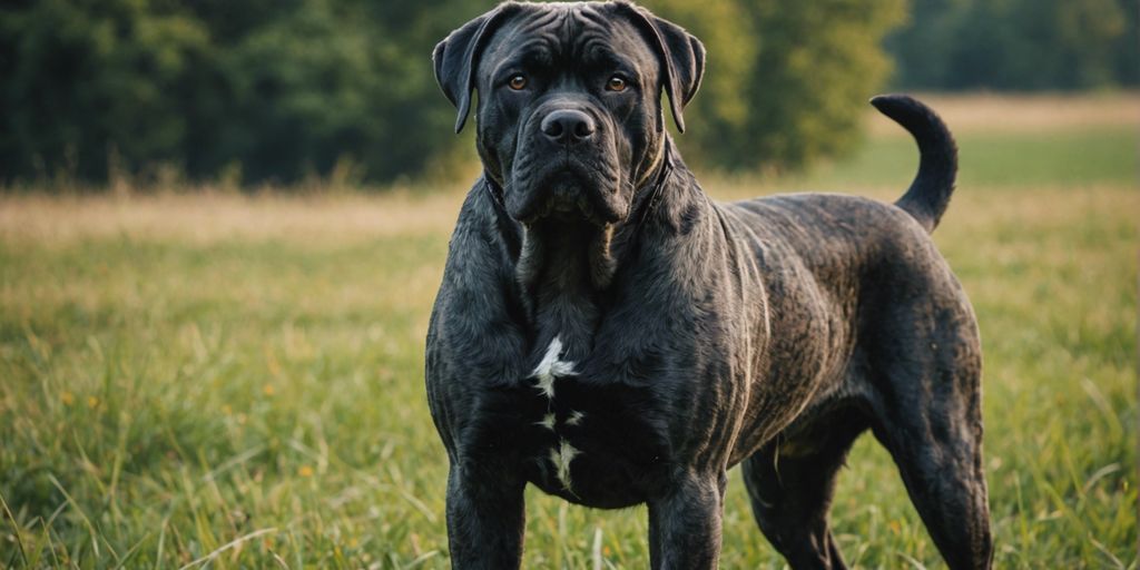 Cane Corso standing alert in grassy field, looking vigilant.