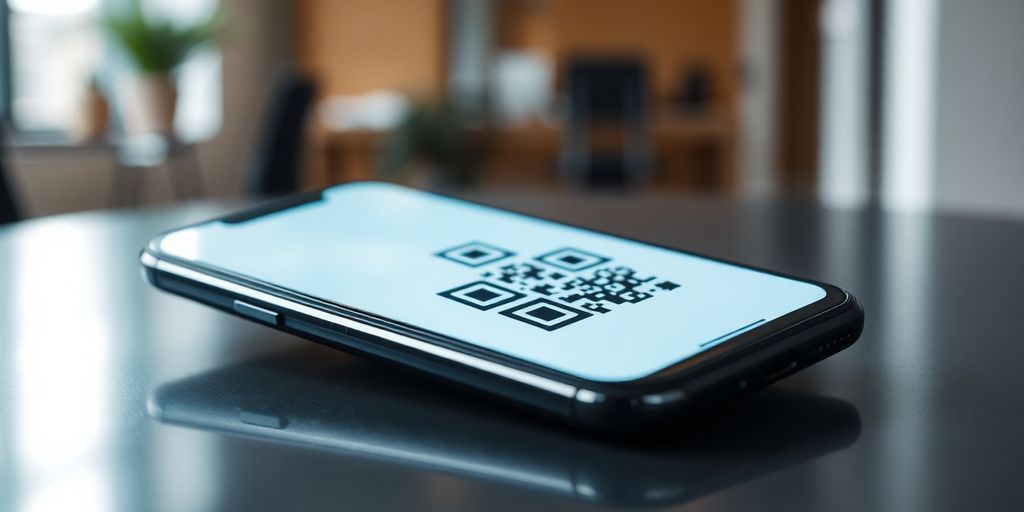 QR code on modern smartphone screen.
