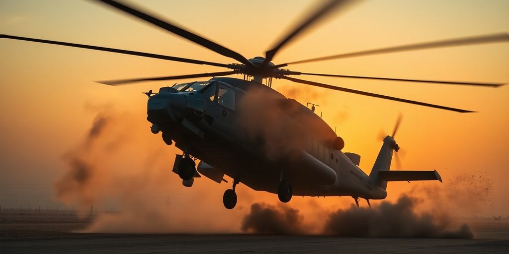 Military helicopter taking off from a dusty airfield at sunrise.