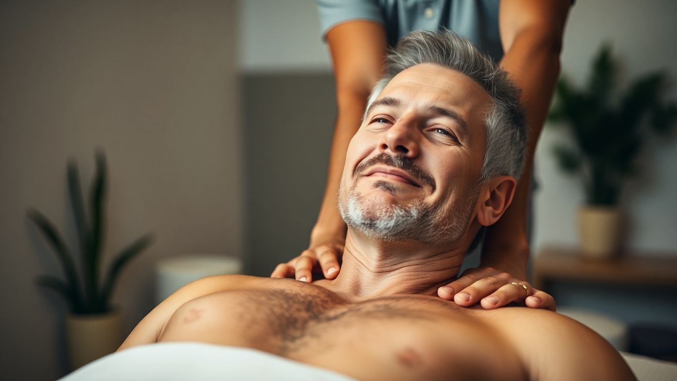 Homme d'âge mûr recevant un massage sportif.