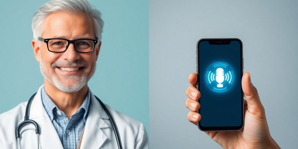 Doctor and patient interacting with voice AI technology.