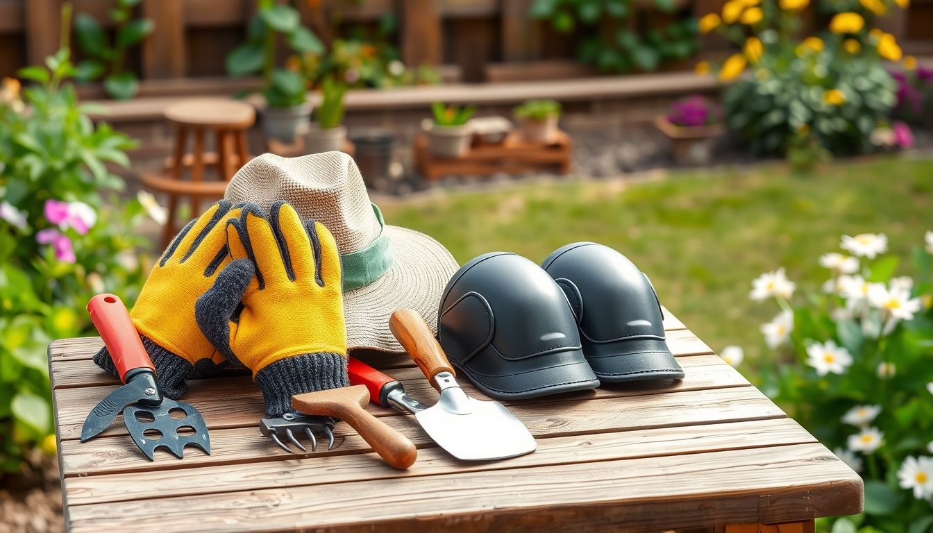 Garden tools including gloves, hat, and knee pads