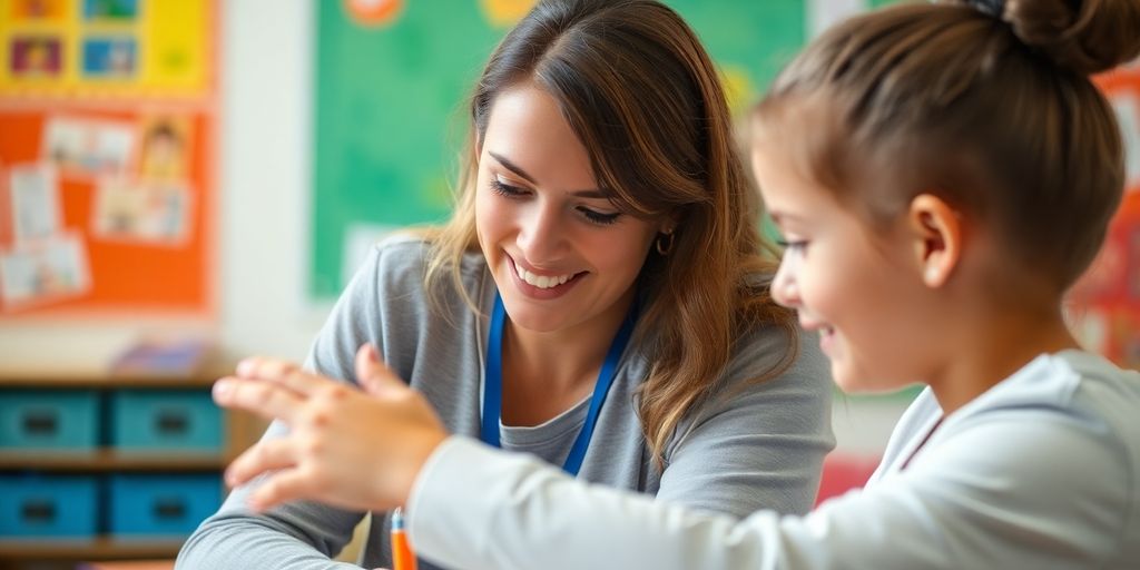 Schulbegleiter hilft einem Schüler im Klassenzimmer.