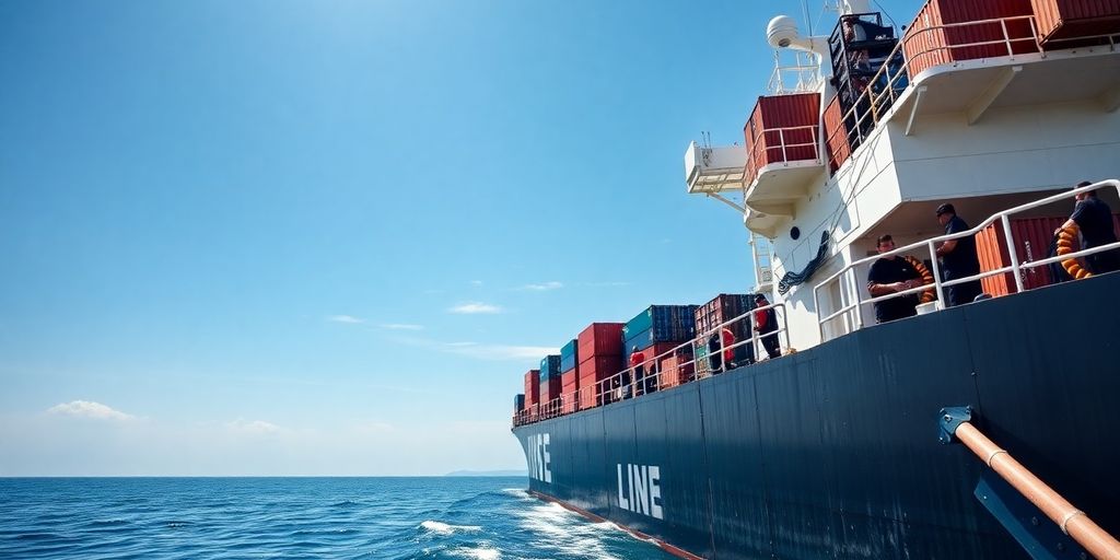 Cargo ship at sea with crew working on deck.
