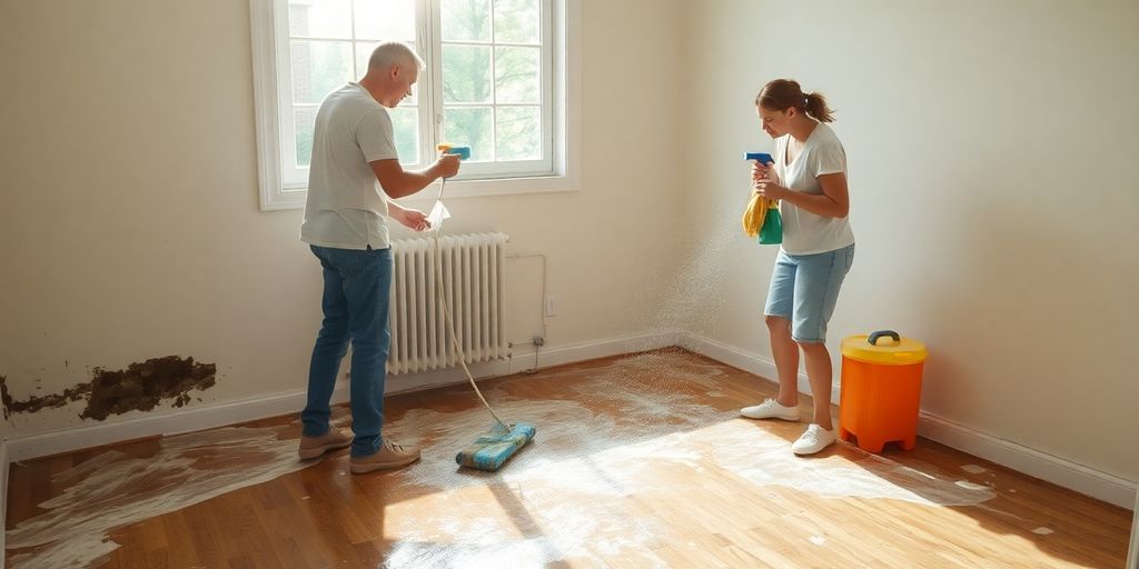 Homeowner cleaning surfaces after water leak.