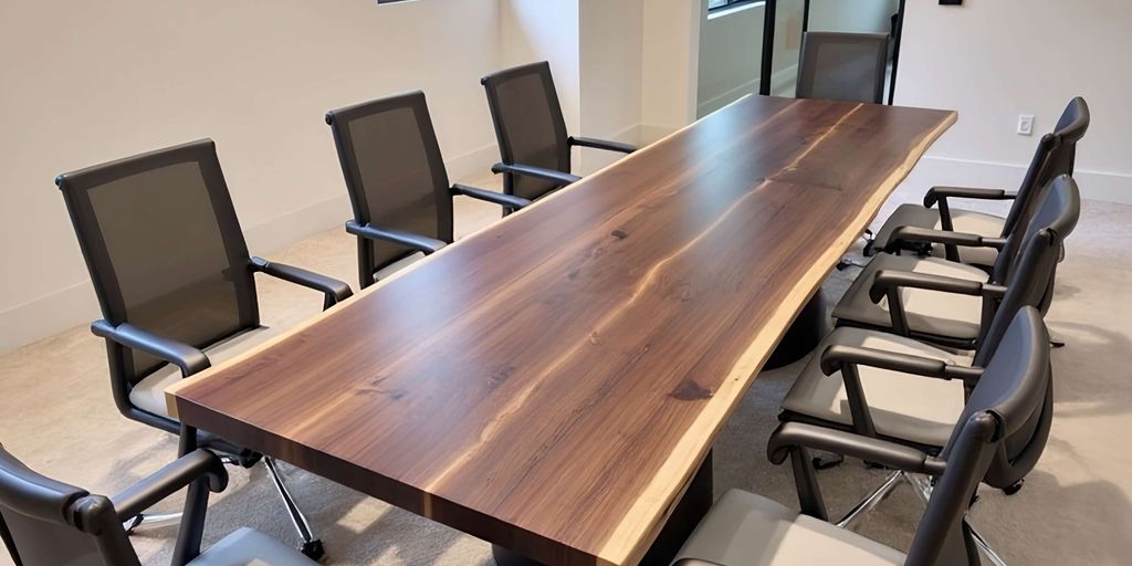 Modern conference room with a large wooden table and chairs.