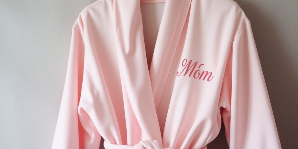Monogrammed luxury robe in pastel color on a hanger.