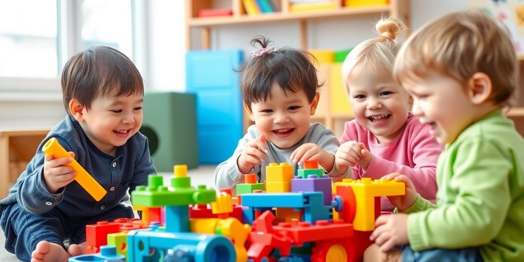 Peuters spelen samen met kleurrijk constructiespeelgoed.