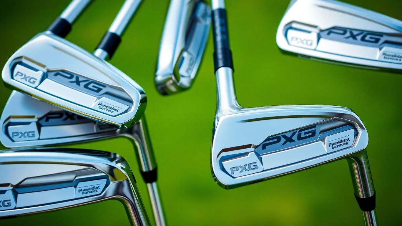 PXG iron clubheads gleaming against a golf course backdrop.