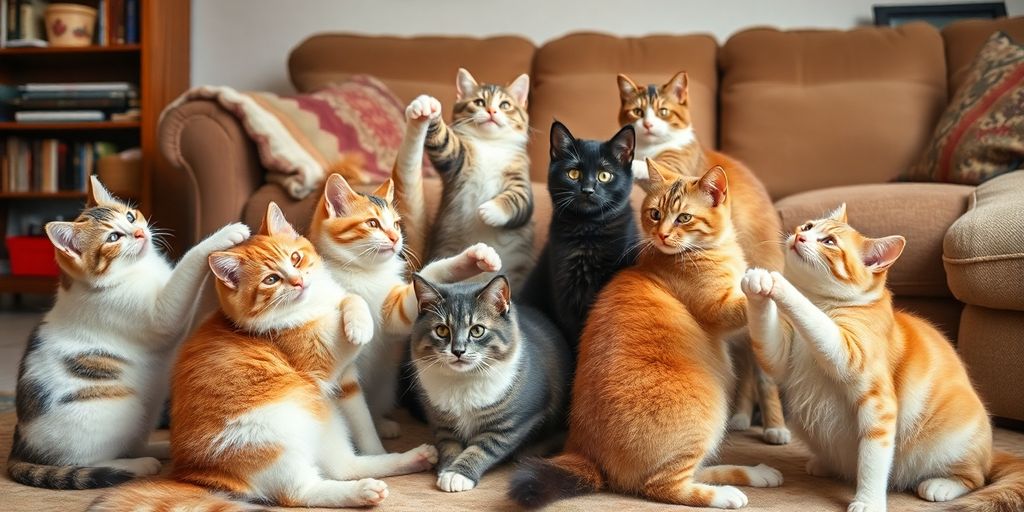 Multiple cats interacting in a cozy living room.