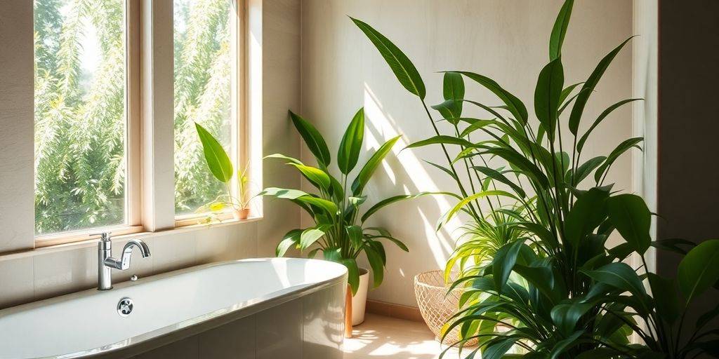 Lush green plants in a bright, serene bathroom setting. The best plants to keep in your bathroom