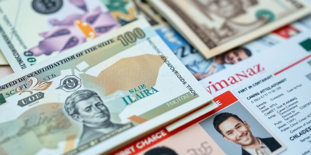Close-up of replica banknotes and fake IDs.
