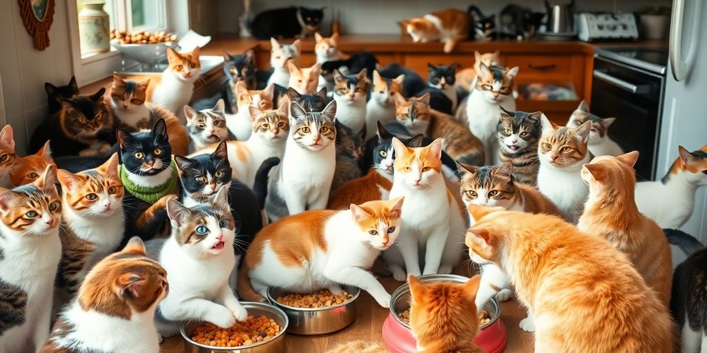 Multiple cats gathered around food bowls during mealtime.