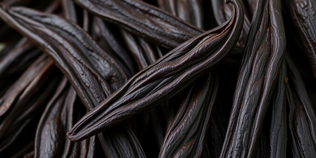 Close-up of dark, plump Indonesian vanilla beans.