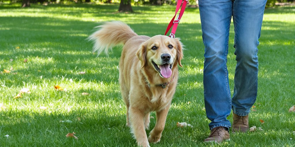 Golden Retriever happily walking on a leash in a park.