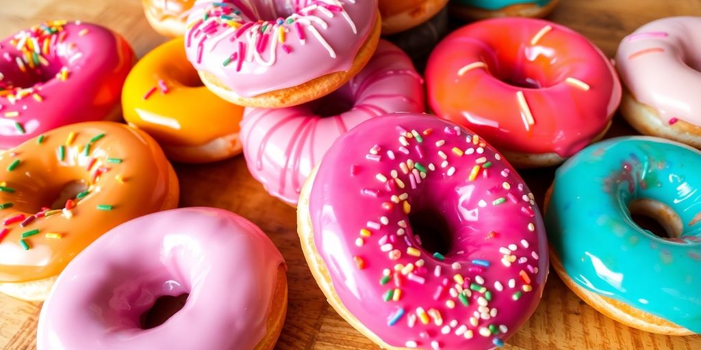 Colorful donuts on a wooden table, fresh and tempting.