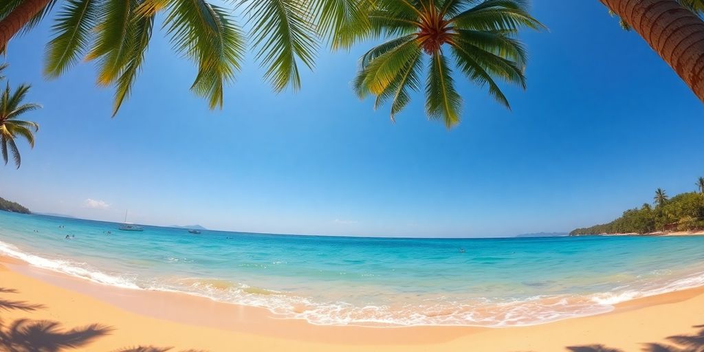 Tropical beach with calm turquoise water and lush palms.